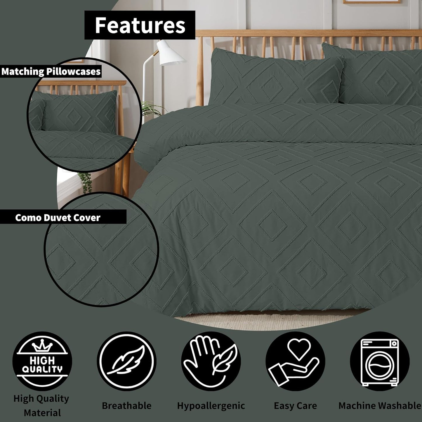 Como Tufted Duvet Cover Set with Pillowcases Grey Natural White Elegant Easy-Care Bedding Single Double King Sizes by OLIVIA ROCCO