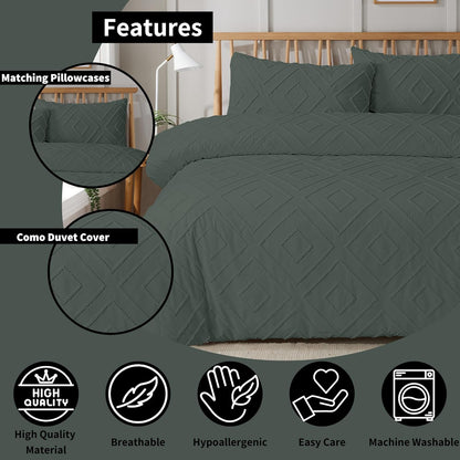 Como Tufted Duvet Cover Set with Pillowcases Grey Natural White Elegant Easy-Care Bedding Single Double King Sizes by OLIVIA ROCCO