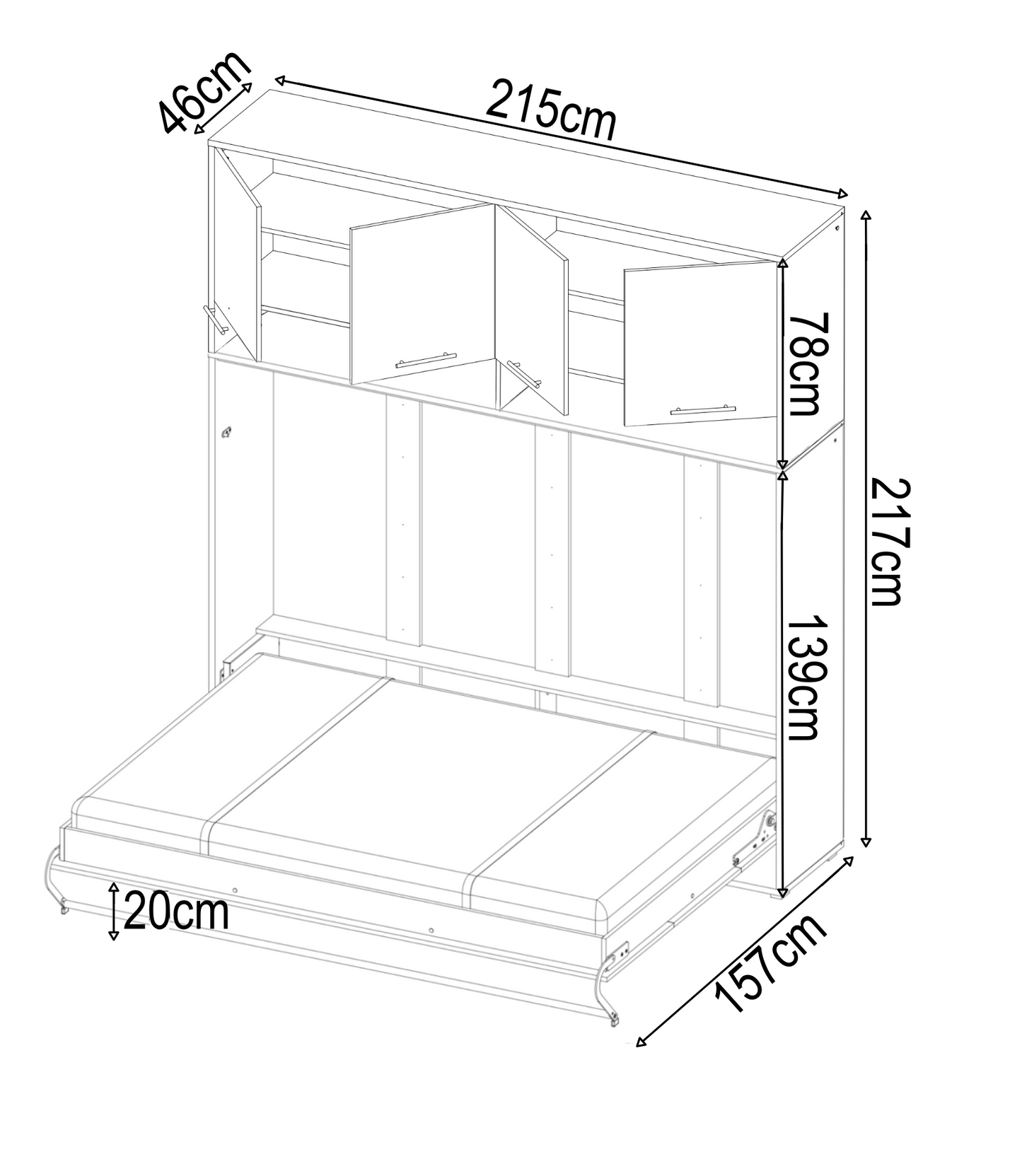 CP-05 Horizontal Wall Bed Murphy Bed Concept 120cm with Over Bed Unit