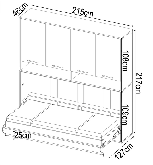 CP-06 Horizontal Wall Bed Murphy Bed Concept 90cm with Over Bed Unit