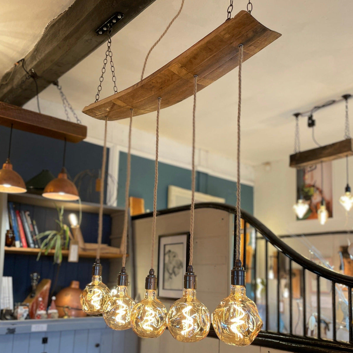 Curved Oak Stave Chandelier | Rustic Dining Table & Kitchen Island Lighting