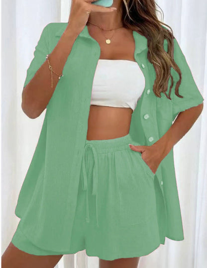 Women's Fashion Shorts Two Pieces Solid Color Shirt Suit