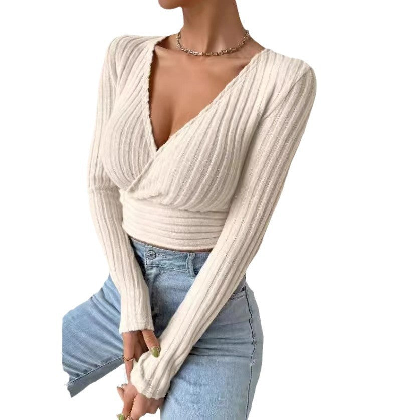 Short Deep V-neck Slim-fit Long Sleeve Knitted Sweater