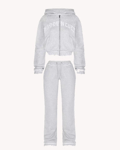 Ins Letter Sports Suit Zip-up Hooded Cropped Sweatshirt Top And Loose Drawstring Trousers Fashion Womens Clothing