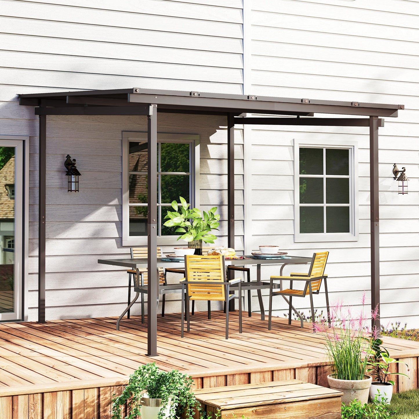 Outsunny 3 x 3(m) Garden Pergola with Waterproof Metal Roof, Lean to Pergola Hardtop Gazebo, Wind-resistant Outdoor Sun Shade, Easy to Assemble