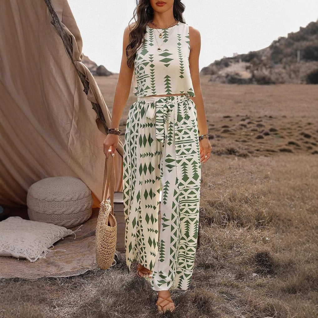Women's Sleeveless Printed Pants Fashionable Two-Piece Set