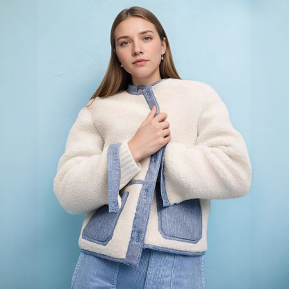 Fashion Design Color Contrast Color Patchwork Round Neck Coat
