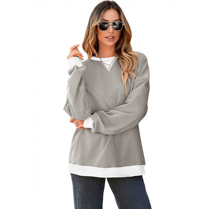 Color Contrast Patchwork Round Neck Pullover Long Sleeve Sweater Women