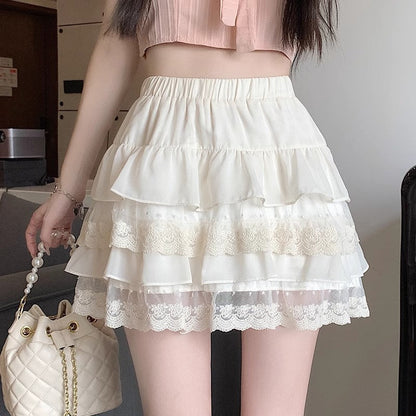 Lace-trimmed Cake-style Short Skirt For Women