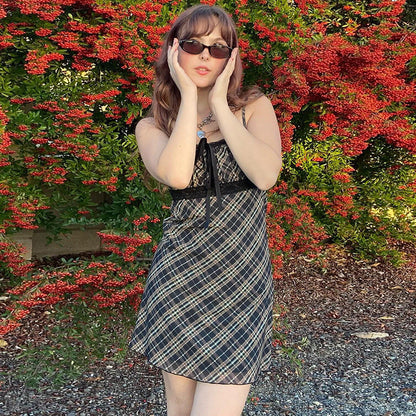 Halter-neck Plaid Slip Dress