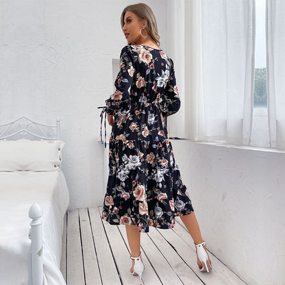 Womens Crew-neck Long-sleeve Tie-dye Printed Dress