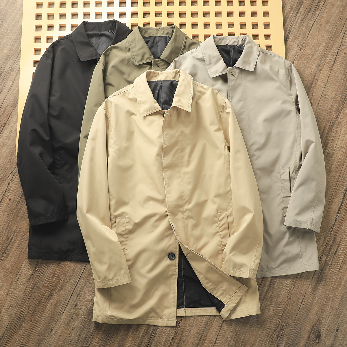 Solid Color Casual Polo Collar Mid-length Trench Coat Men