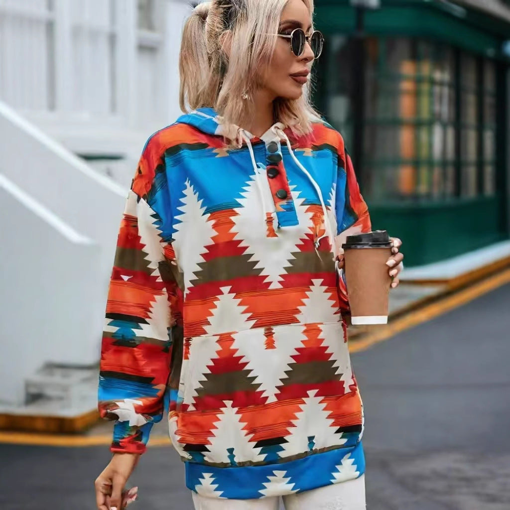Geometric Pattern Long Sleeve Loose Hooded Button Pocket Sweatshirt