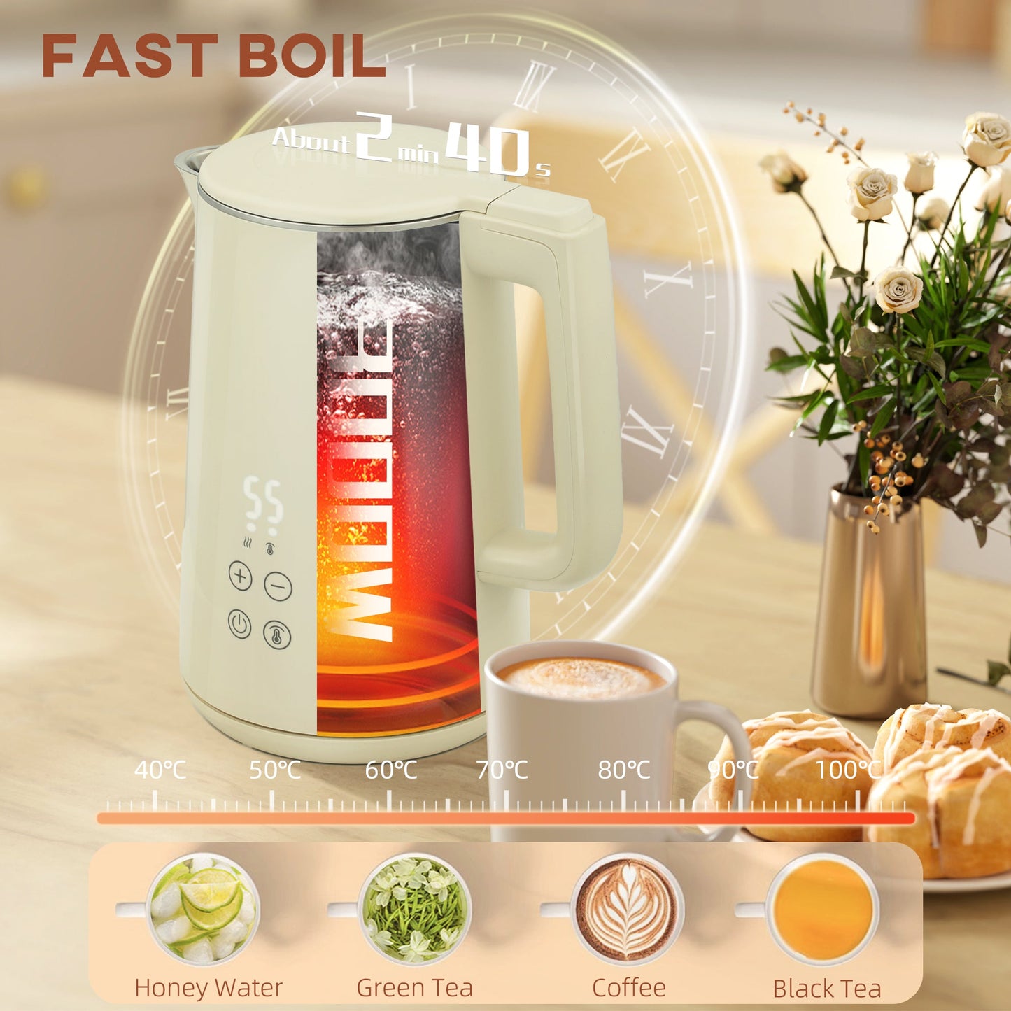 HOMCOM Digital Kettle and Toaster Set, 1.5L 3000W Fast Boil Kettle, 2 Slice Toaster Kitchen Set with 7 Level Browning Controls, Defrost, Reheat, Keep Warm, Crumb Tray and LED Touch Display, Beige