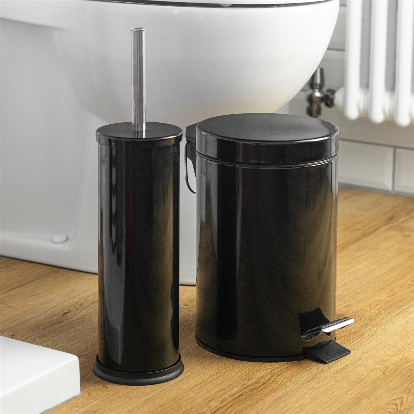 Black Round Stainless Steel Toilet Brush & Bin Set