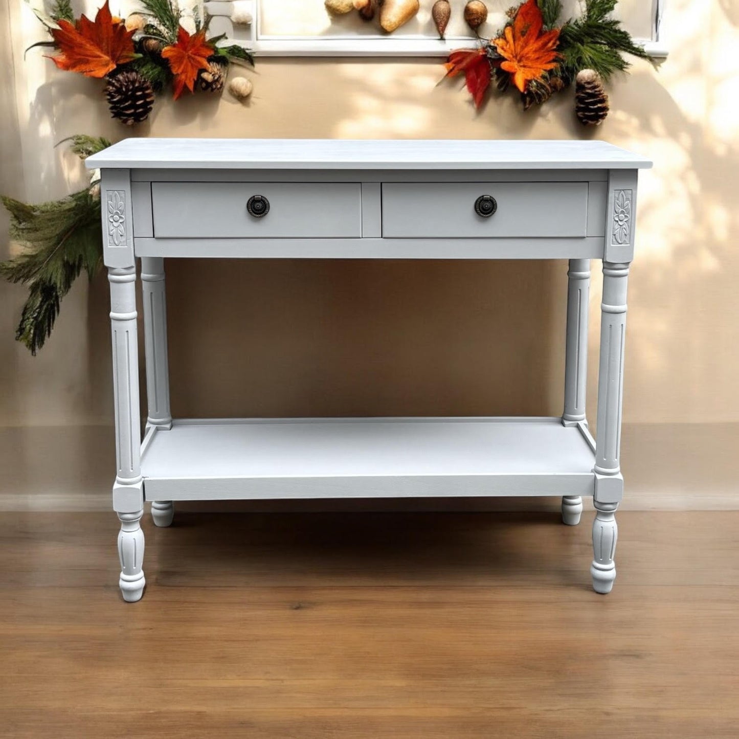 Modern and Stylish 2 Drawer Rectangular Console Table - Medium Wood Tone Finish for Sleek Hallway Side Table with Knob Handle Drawers for Home, Office, Bedrooms, or Living Spaces (Moonstruck Grey)