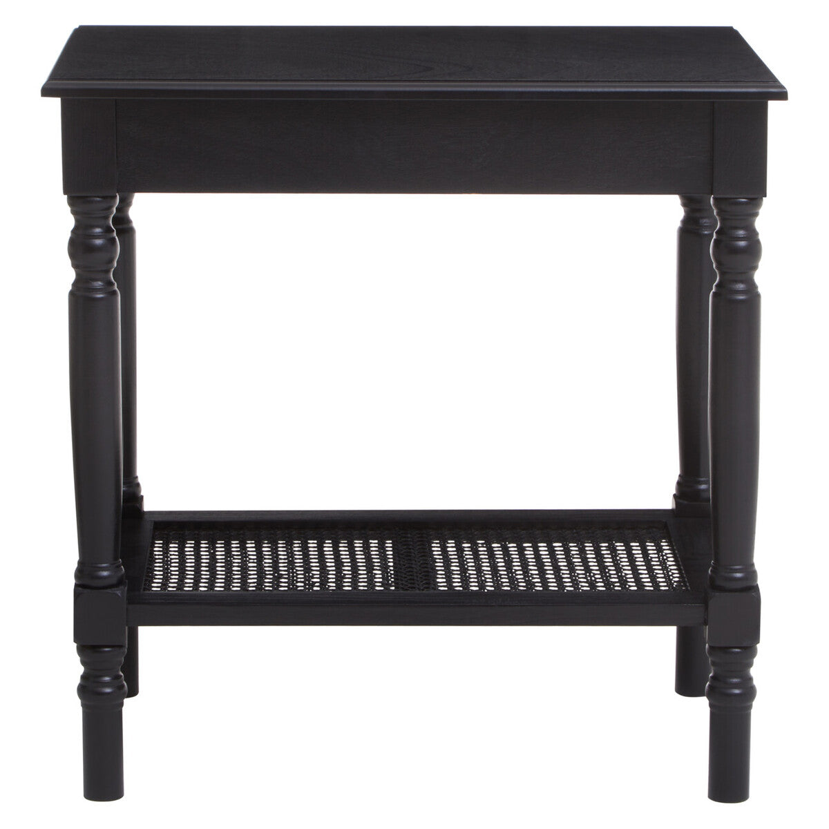 Antique Black Wooden Side Table with Cane Webbing Detail and Carved Spindle Legs, Heritage