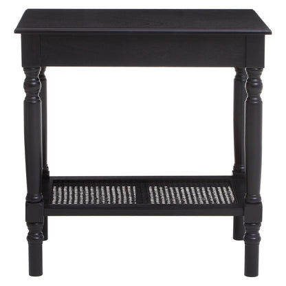 Antique Black Wooden Side Table with Cane Webbing Detail and Carved Spindle Legs, Heritage