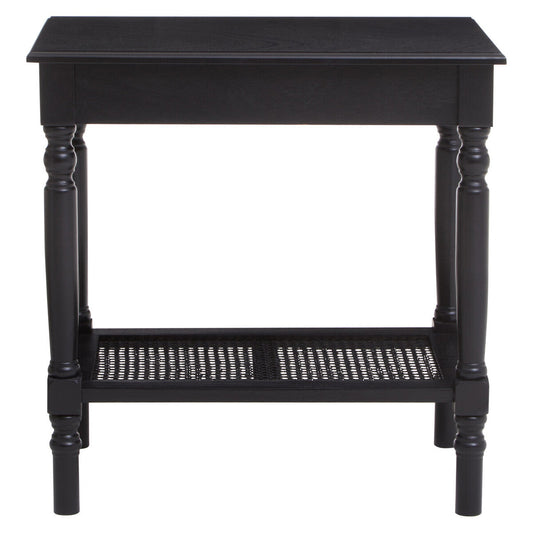 Antique Black Wooden Side Table with Cane Webbing Detail and Carved Spindle Legs, Heritage