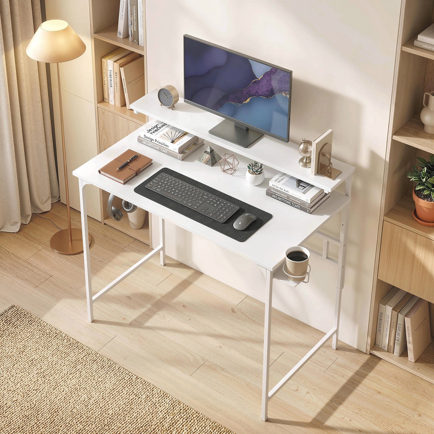 HOMCOM Computer Desk, 80cm Home Office Study Table with Hutch Shelf, Cup Holder, Headphone Hook, White