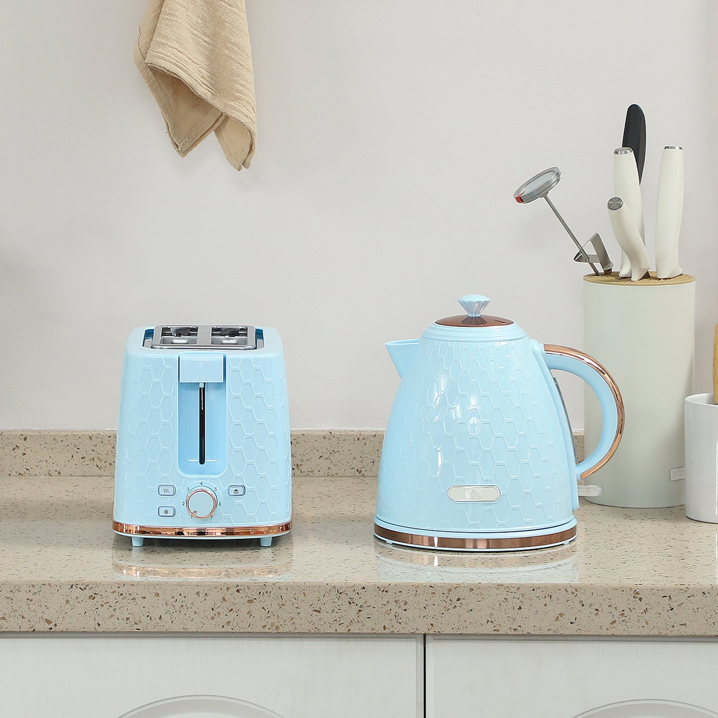 HOMCOM 1.7L 3000W Fast Boil Kettle & 2 Slice Toaster Set, Kettle and Toaster Set with Auto Shut Off, Browning Controls, Light Blue