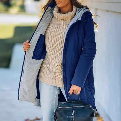 Women's Hooded Solid Color Pocket Long Cotton Jacket Coat