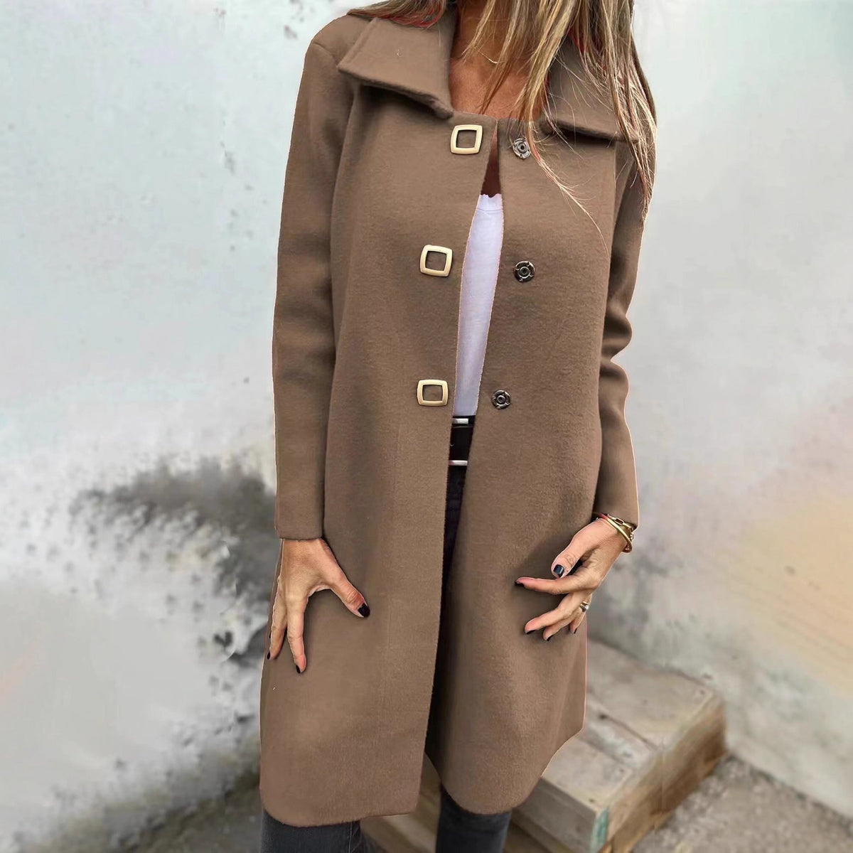 Women's Solid-color Mid-length Wool Coat With A Single-breasted Design