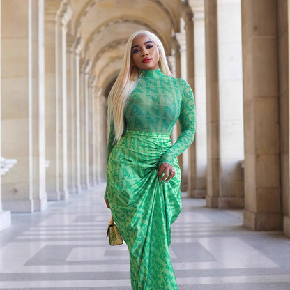 Women's Pleating Slim Fit Long Dress Two-piece Suit