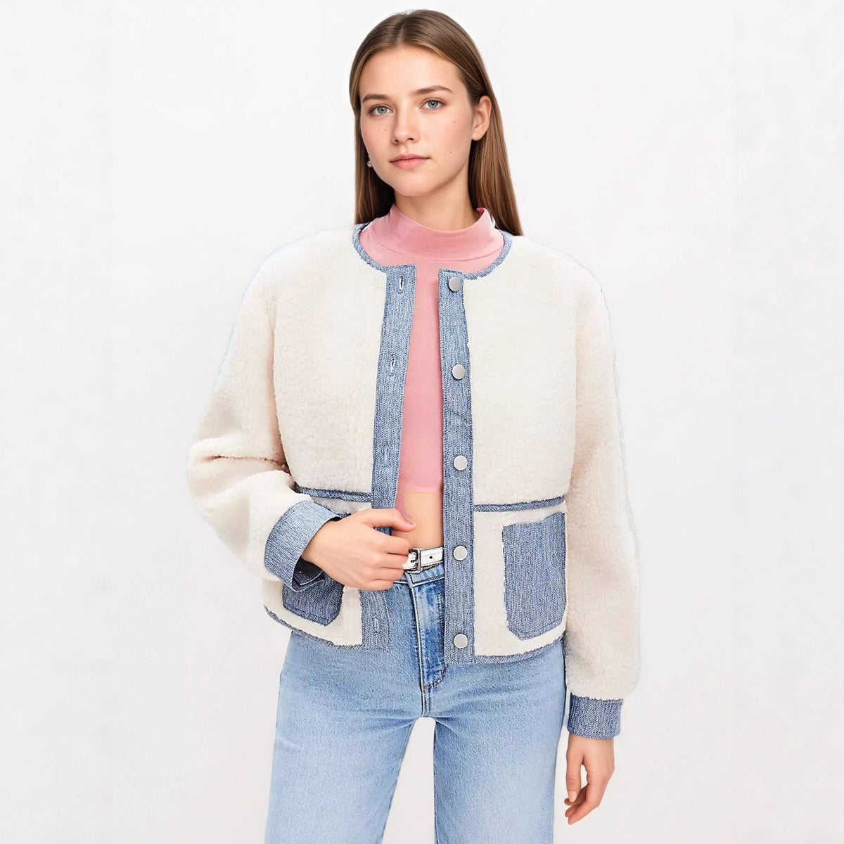 Fashion Design Color Contrast Color Patchwork Round Neck Coat