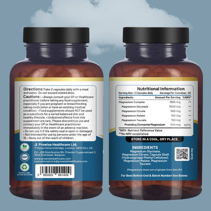Prowise Magnesium Glycinate Complex 4-in-1 – 1866mg Blend | 404mg Elemental Magnesium | 90 Vegan Capsules