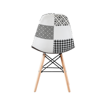 Black/White Patchwork Modern Dining Chair with Wooden Legs & Black Metal Wire Frame