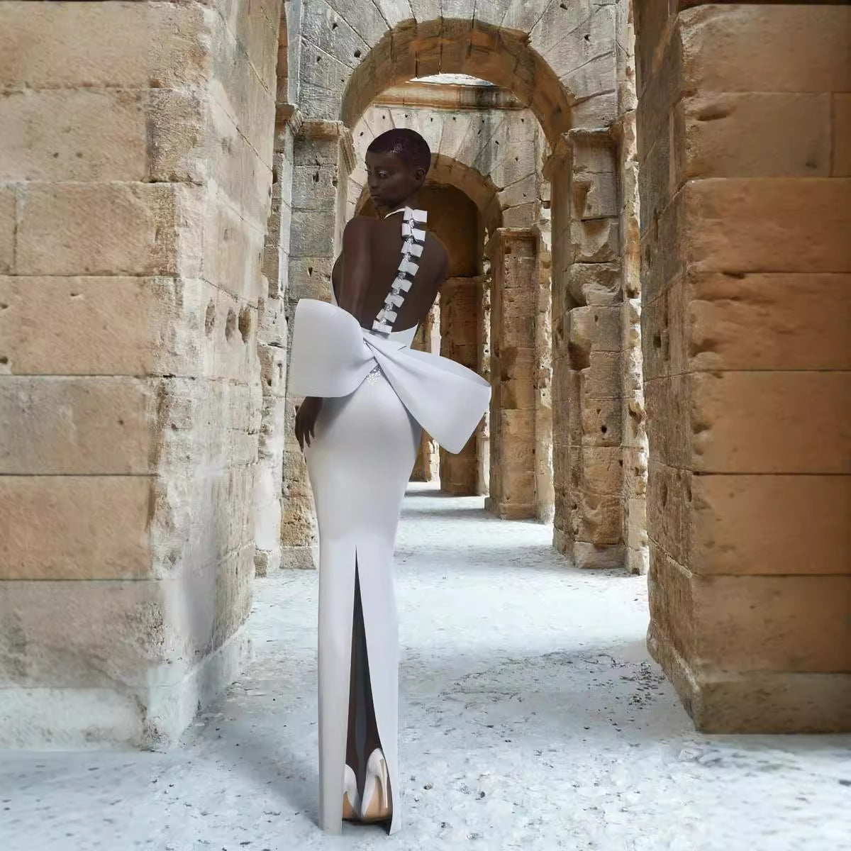 Sexy Round Neck Backless Bow White Bandage One-piece Dress