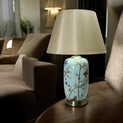 AcaciaHome 44cm Large Floral Ceramic Table Lamp with White Drum Shade, Decorative Bedside & Living Room Lamp, Modern Floral Pattern Ceramic Base, Corded Indoor Lighting for Bedroom, Lounge & Study
