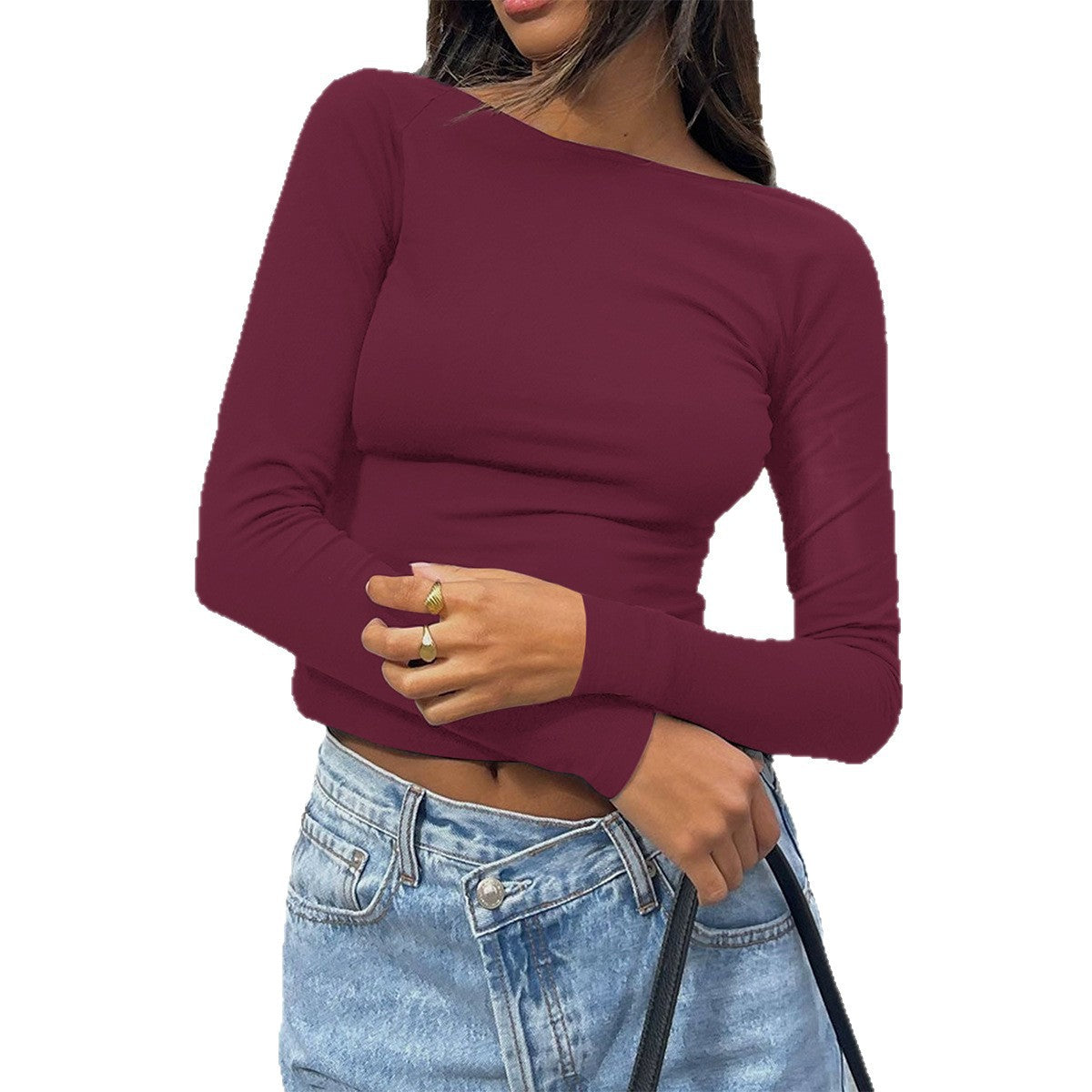 Chic Slim-fit Long-sleeve Solid-color Base T-shirt For Women
