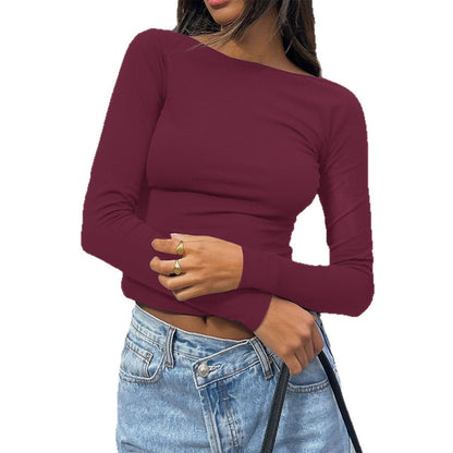 Chic Slim-fit Long-sleeve Solid-color Base T-shirt For Women