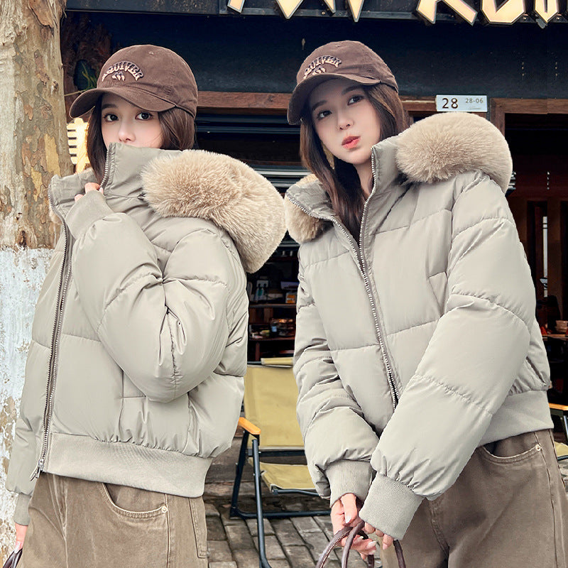 Hooded Large Fur Collar Cotton Short Padded Jacket