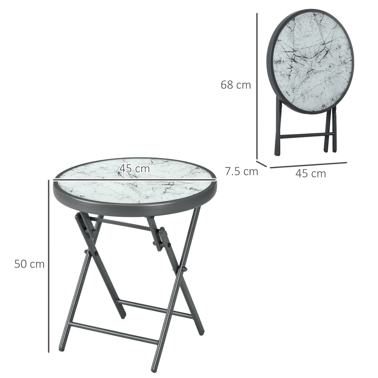 Outsunny \'ce\'a645cm Garden Side Table, Outdoor Round Folding Patio Table with Imitation Marble Glass Top, Small Coffee Table, White