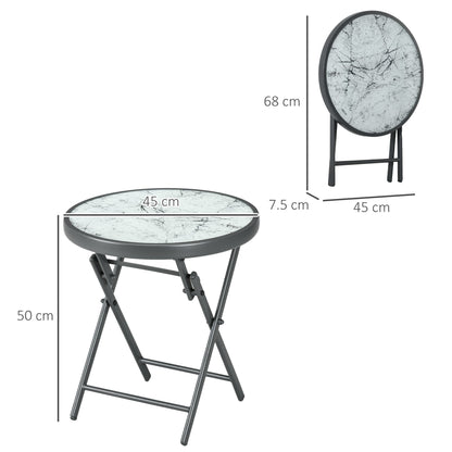 Outsunny \'ce\'a645cm Garden Side Table, Outdoor Round Folding Patio Table with Imitation Marble Glass Top, Small Coffee Table, White