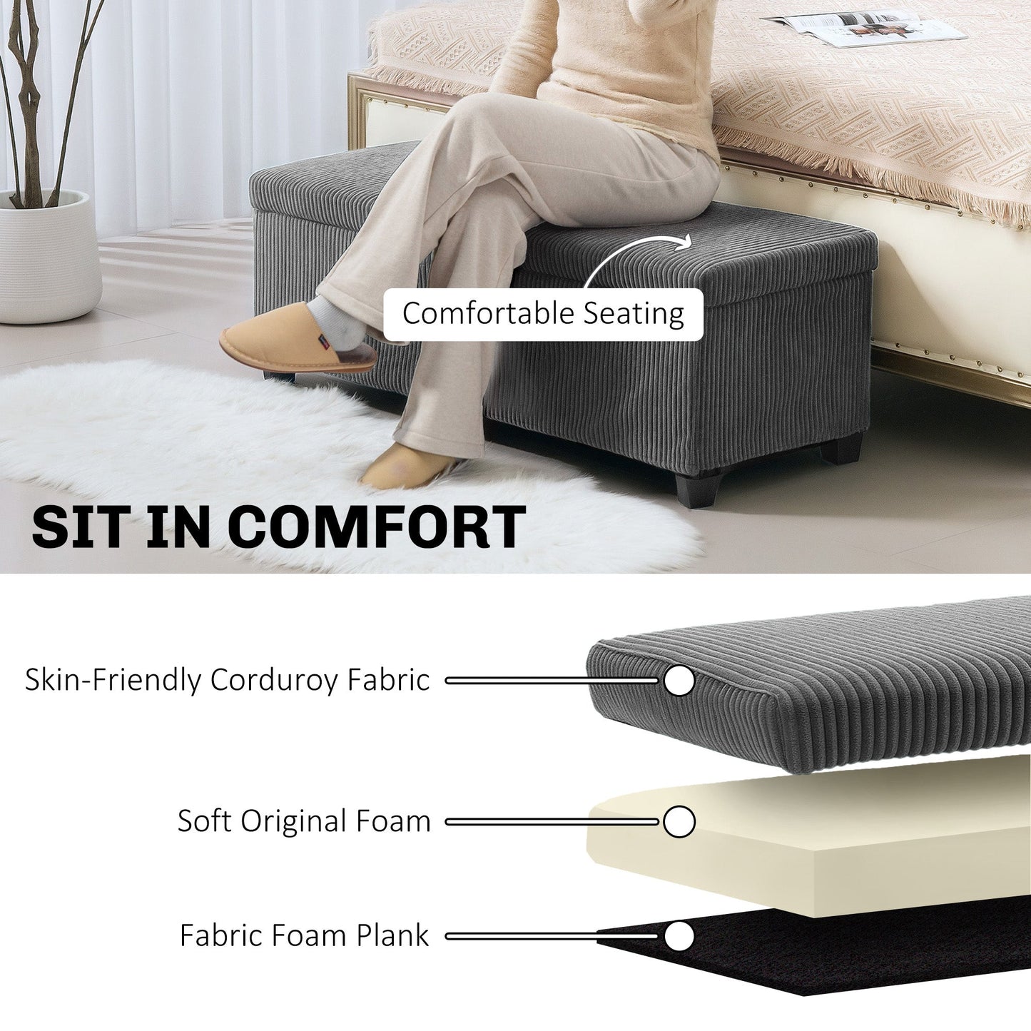 HOMCOM Storage Ottoman Bench, Corduroy Footstool with Removable Lid and Legs, 112cm Storage Chest Box for Living Room, Bedroom, Hallway, Grey