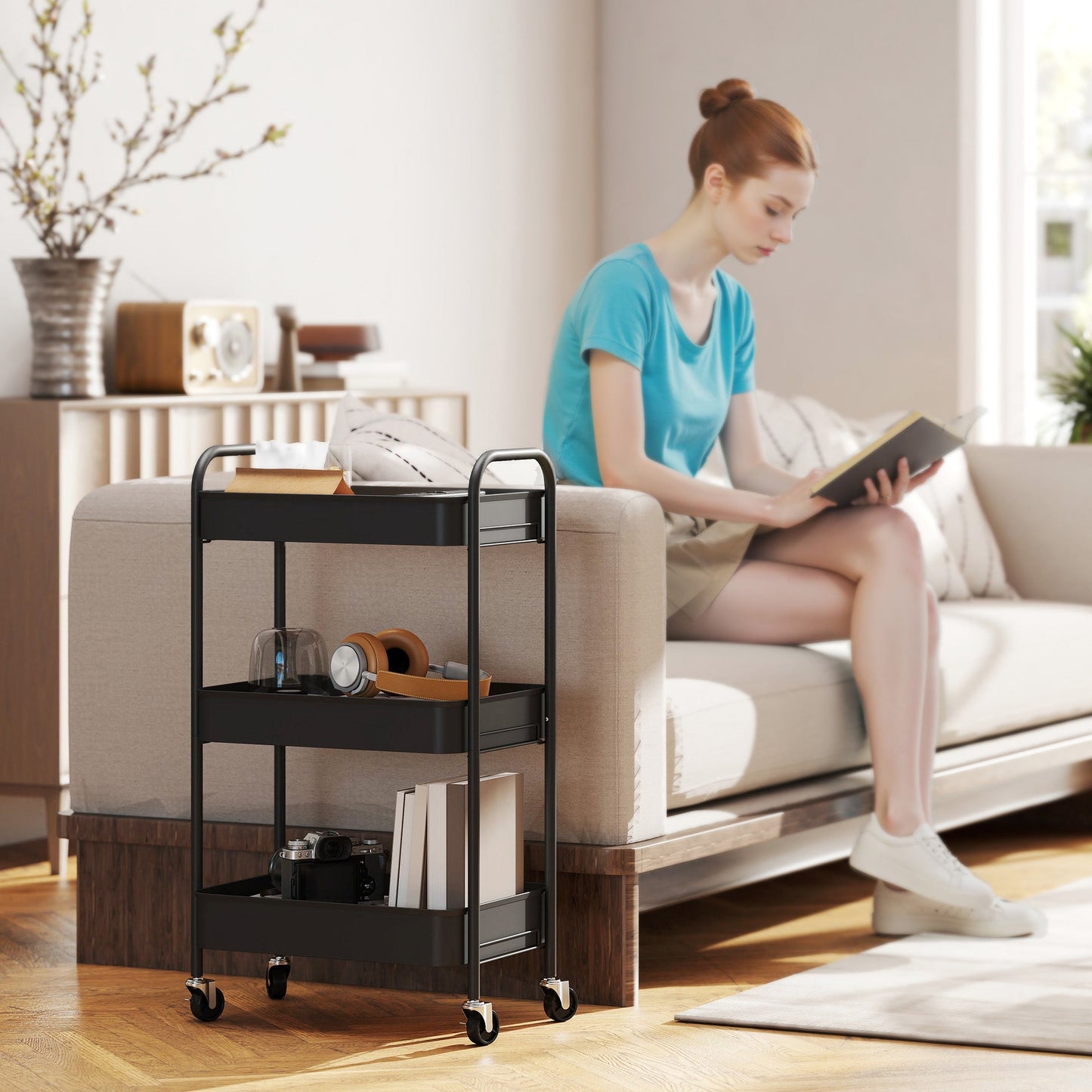 HOMCOM Three-Tier Steel Storage Trolley - Black