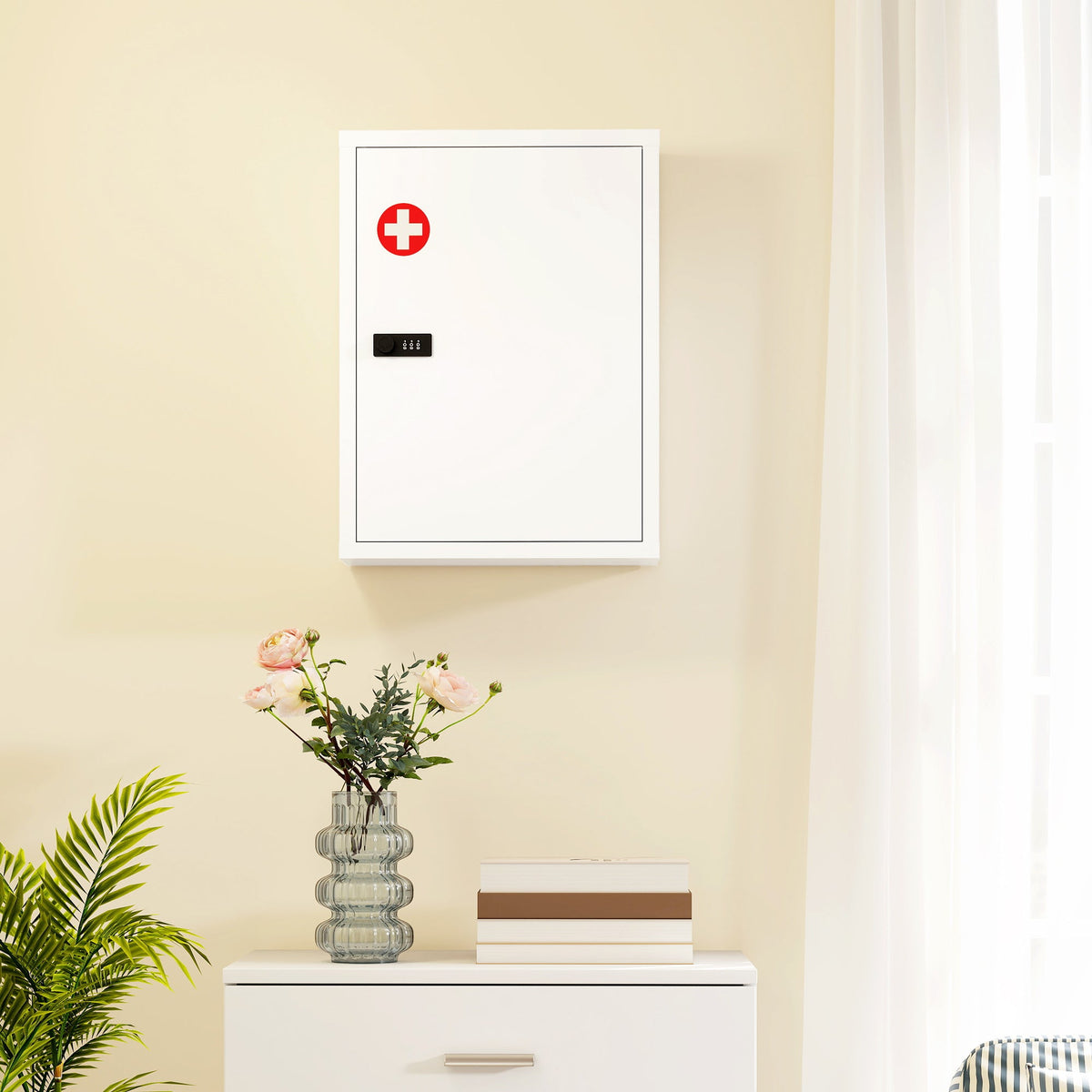 HOMCOM Wall Mount Medicine Cabinet, Bathroom Cabinet with Combination Lock, Door and Storage Shelves, White