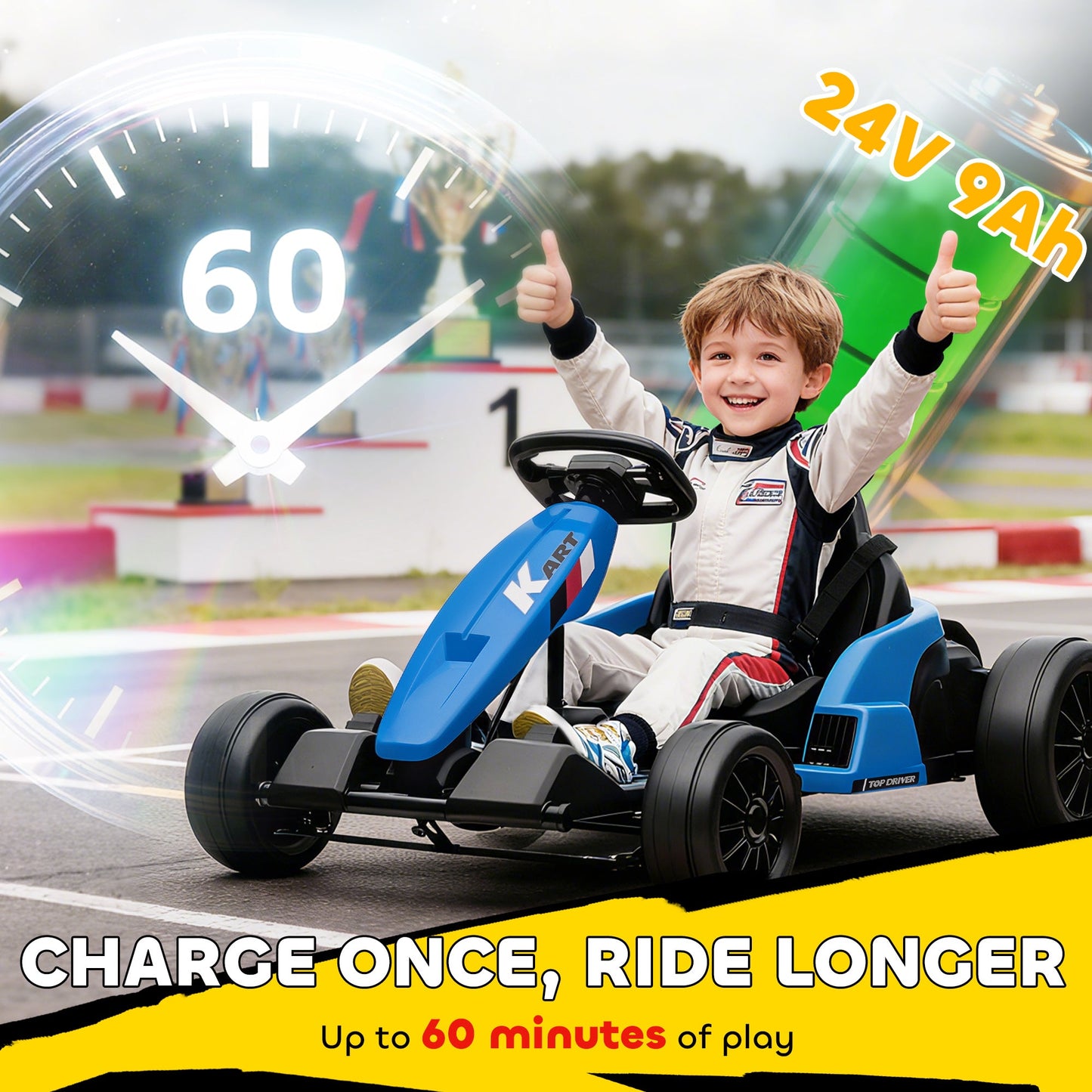 AIYAPLAY 24V Electric Go Kart, Drift Kart with Adjustable Seat, Slow Start, 5-Point Harness, Music, Horn, for 6-12 Years, Blue