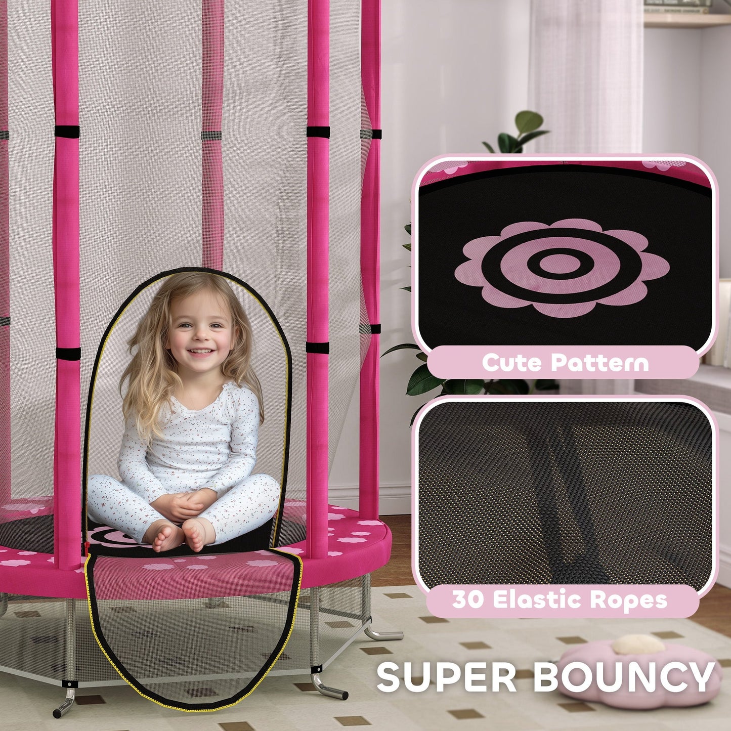 AIYAPLAY 4.6FT Toddler Trampoline w/ Safety Enclosure Net, for Indoor Outdoor Use, Ages 3-6 Years, Sun Pattern - Pink