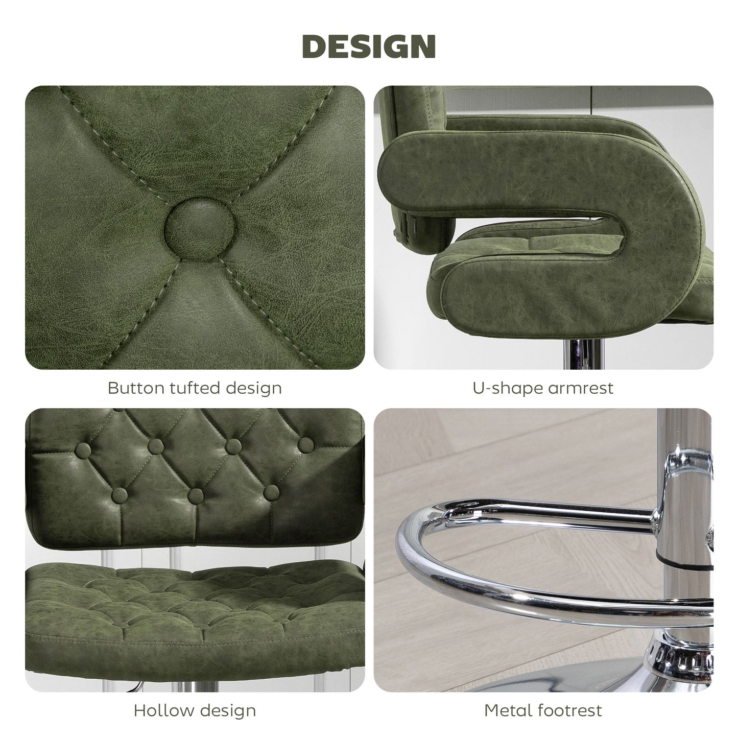 HOMCOM PU Leather Upholstered Swivel Bar Stool, Height Adjustable with Back, Armrest, Footrest, Green