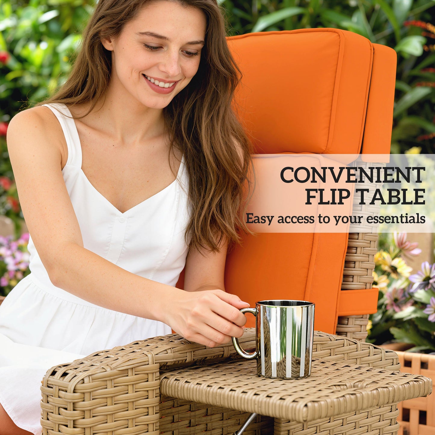 Outsunny 145° Reclining Rattan Armchair, with Footrest - Khaki/Orange