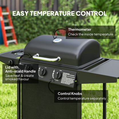 Outsunny 3+1 Burner Gas BBQ Grill, Portable Gas Barbecue Grill with Built-in Thermometer, Lid, Side Table, Shelf, Spice Rack, Wheels, Grease Cup for Garden Party Outdoor Cooking, Black