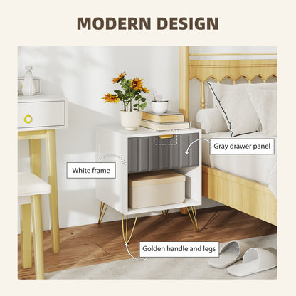 HOMCOM Bedside Table Modern Bedside Cabinet with Drawer and Open Compartment, 45 x 40 x 55, White