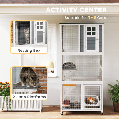 PawHut Wooden Catio Cat Outdoor Enclosure, Cat Cage with Waterproof Roof, Platforms, for Multiple Cats, White