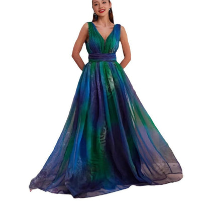 Deep V-neck Backless Printing Chiffon Big Swing Dress