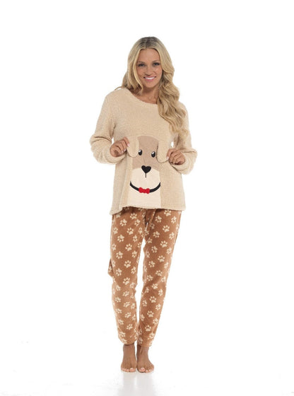 OLIVIA ROCCO Women's Fleece Pyjama Set Dog Snuggle Design Long Sleeve Top Patterned